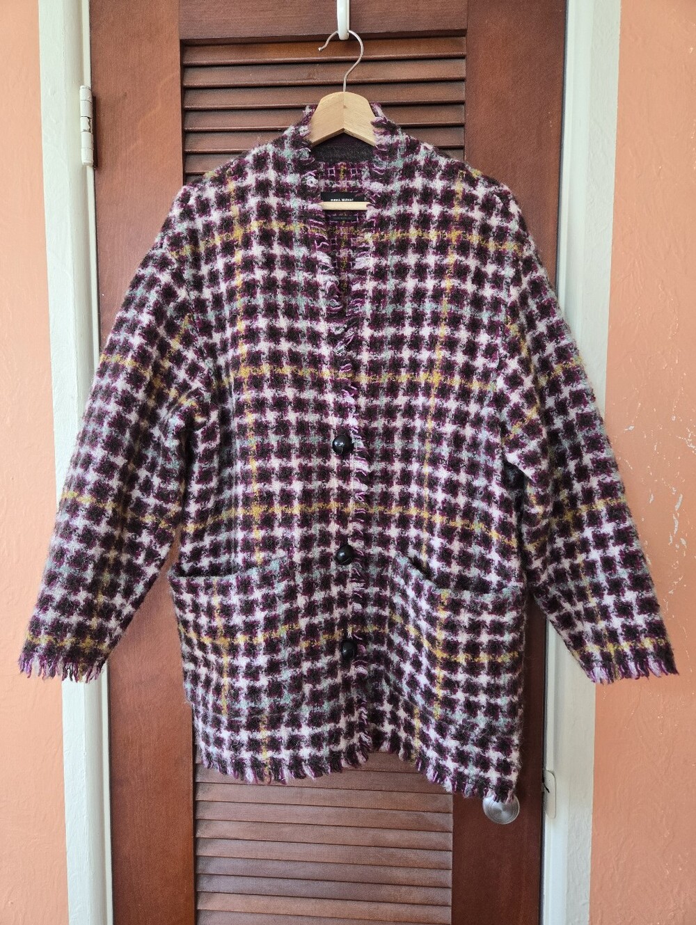 Isabel Marant Dianaly Checked Plaid Tweed Cardigan Coat Fringe Edge FR 40 US 8 - Picture 2 of 9